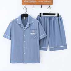 批发男士睡衣新款夏季云朵棉短袖短裤宽松开衫休闲大码青年家居服套装