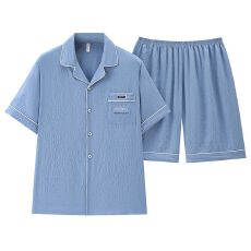 批发男士睡衣新款夏季云朵棉短袖短裤宽松开衫休闲大码青年家居服套装