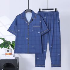 批发夏季<b class='q'>男士</b>睡衣短袖长裤120克仿棉拉架夏天爸爸开衫家居服套