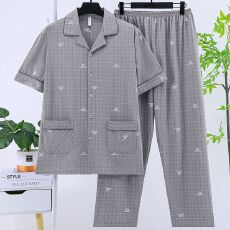 批发夏季<b class='q'>男士</b>睡衣短袖长裤160克仿棉拉架夏天爸爸开衫家居服套