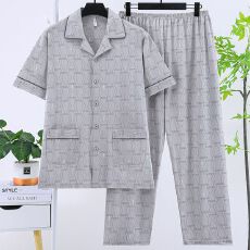 批发夏季<b class='q'>男士</b>睡衣短袖长裤160克仿棉拉架夏天爸爸开衫家居服套