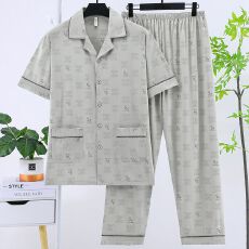 批发夏季<b class='q'>男士</b>睡衣短袖长裤160克仿棉拉架夏天爸爸开衫家居服套