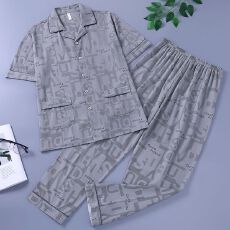 批发夏季<b class='q'>男士</b>睡衣短袖长裤160克仿棉拉架夏天爸爸开衫家居服套