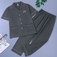 批发夏季<b class='q'>男士</b>睡衣短袖长裤160克仿棉拉架夏天爸爸开衫家居服套