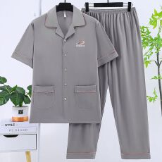 批发夏季<b class='q'>男士</b>睡衣短袖长裤160克仿棉拉架夏天爸爸开衫家居服套
