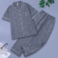 批发云朵棉<b class='q'>睡衣</b>男士春夏季开衫短袖长裤两件套休闲简约家居服外穿套装