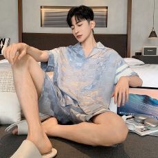 批发夏季睡衣男士天丝爽棉提花短袖短裤休闲舒适夏天外穿家居服