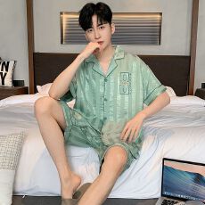 批发夏季睡衣男士天丝爽棉提花短袖短裤休闲舒适夏天外穿家居服