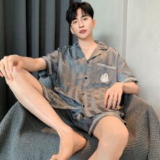 批发夏季睡衣男士天丝爽棉提花短袖短裤休闲舒适夏天外穿家居服