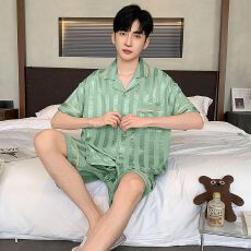 批发夏季睡衣男士天丝爽棉提花短袖短裤休闲舒适夏天外穿家居服