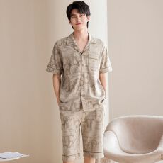 批发100%纯棉睡衣男夏季短袖短裤翻领开衫直播爆款男士家居<b class='q'>服</b>