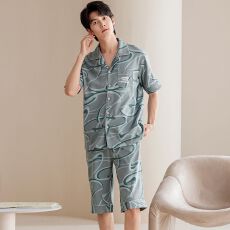 批发100%纯棉睡衣男夏季短袖短裤翻领开衫直播爆款男士家居<b class='q'>服</b>