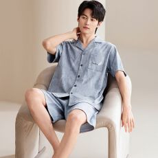 批发100%纯棉睡衣男夏季短袖短裤翻领开衫直播爆款男士家居<b class='q'>服</b>