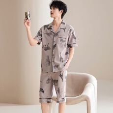 批发100%纯棉睡衣男夏季短袖短裤翻领开衫直播爆款男士家居<b class='q'>服</b>
