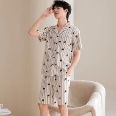 批发100%纯棉睡衣男夏季短袖短裤翻领开衫直播爆款男士家居<b class='q'>服</b>