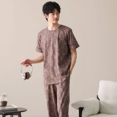 批发100%纯棉睡衣男夏季短袖长裤圆领套头直播爆款男士家居<b class='q'>服</b>