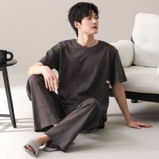 批发100%纯棉睡衣男夏季短袖长裤圆领套头直播爆款男士家居<b class='q'>服</b>