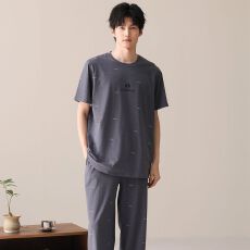 批发100%纯棉睡衣男夏季短袖长裤圆领套头直播爆款男士家居<b class='q'>服</b>