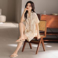 批发夏季云朵棉开衫翻领<b class='q'>女</b>士睡衣简约休闲宽松舒透气适家居服两件套