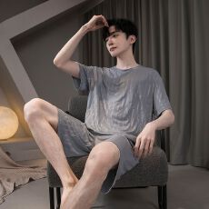 批发夏季男士睡衣冰丝螺纹<b class='q'>3D</b>压花款短袖短裤套装丝绸家居服