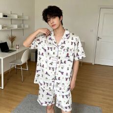 批发睡衣<b class='q'>男</b>士冰雪丝短袖短裤夏季薄款卡通印花家居服可外穿薄款两件套