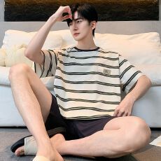 批发短袖短裤<b class='q'>睡衣</b>薄款男套装家居服全棉青年夏季<b class='q'>纯棉</b>套头直播休闲网红