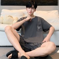 批发短袖短裤<b class='q'>睡衣</b>薄款男套装家居服全棉青年夏季<b class='q'>纯棉</b>套头直播休闲网红