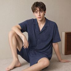 批发夏季新款<b class='q'>纯棉</b>男士短袖短裤开衫翻领<b class='q'>睡衣</b>时尚休闲男家居服