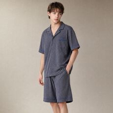 批发夏季新款<b class='q'>纯棉</b>男士短袖短裤开衫翻领<b class='q'>睡衣</b>时尚休闲男家居服