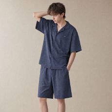 批发夏季新款<b class='q'>纯棉</b>男士短袖短裤开衫翻领<b class='q'>睡衣</b>时尚休闲男家居服