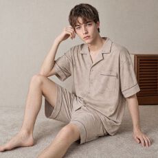 批发夏季新款纯棉<b class='q'>男士</b>短袖短裤开衫翻领睡衣时尚休闲男家居服