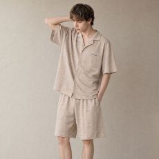 批发夏季新款纯棉<b class='q'>男士</b>短袖短裤开衫翻领睡衣时尚休闲男家居服