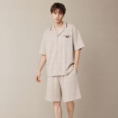 批发夏季新款纯棉<b class='q'>男士</b>短袖短裤开衫翻领睡衣时尚休闲男家居服