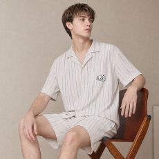 批发夏季新款纯棉<b class='q'>男士</b>短袖短裤开衫翻领睡衣时尚休闲男家居服