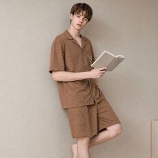 批发夏季新款纯棉<b class='q'>男士</b>短袖短裤开衫翻领睡衣时尚休闲男家居服
