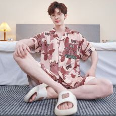 批发新款男士冰雪丝双短套装青少年宽松休闲舒适可外穿的<b class='q'>家居服</b>套装