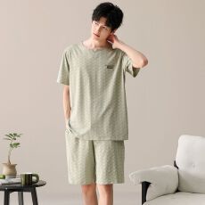 批发新款纯棉睡衣男夏季短袖<b class='q'>短裤</b>圆领套头直播爆款男士家居服