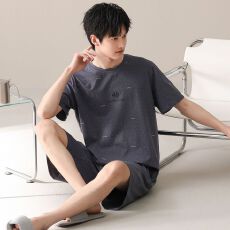 批发新款纯棉睡衣男夏季短袖<b class='q'>短裤</b>圆领套头直播爆款男士家居服