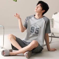 批发新款纯棉睡衣男夏季短袖<b class='q'>短裤</b>圆领套头直播爆款男士家居服