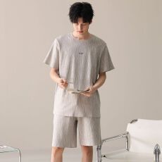 批发新款纯棉睡衣男夏季短袖<b class='q'>短裤</b>圆领套头直播爆款男士家居服