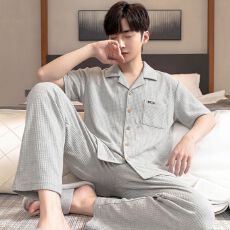 夏季新款6040精梳棉睡衣男小翻领开衫可外穿男士家居服套装