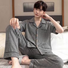 夏季新款6040精梳棉睡衣男小翻领开衫可外穿男士家居服套装