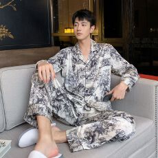 批发<b class='q'>男</b>士冰雪丝睡衣春秋款<b class='q'>长袖</b>长裤<b class='q'>男</b>式灰色高级感开衫家居服套装夏季