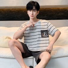短袖短裤睡衣薄款男套装家居服全棉青年夏季纯棉套头直播休闲网红