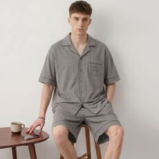批发夏季新款纯棉男士翻领开衫短袖短裤睡衣男休闲家居服套装