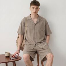 批发夏季新款纯棉男士翻领开衫短袖短裤睡衣男休闲家居服套装