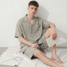 批发夏季新款纯棉男士翻领开衫短袖短裤睡衣男休闲家居服套装