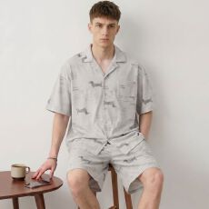 批发夏季新款纯棉男士翻领开衫短袖短裤睡衣男休闲家居服套装