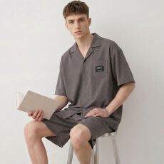 批发夏季新款纯棉男士翻领开衫短袖短裤睡衣男休闲家居服套装