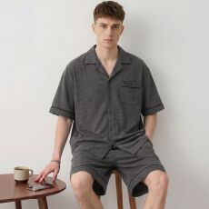 批发夏季新款纯棉男士翻领开衫短袖短裤睡衣男休闲家居服套装